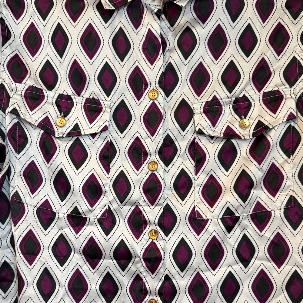 Silver & Purple Geometric Patterned Button Up Blo… - image 3